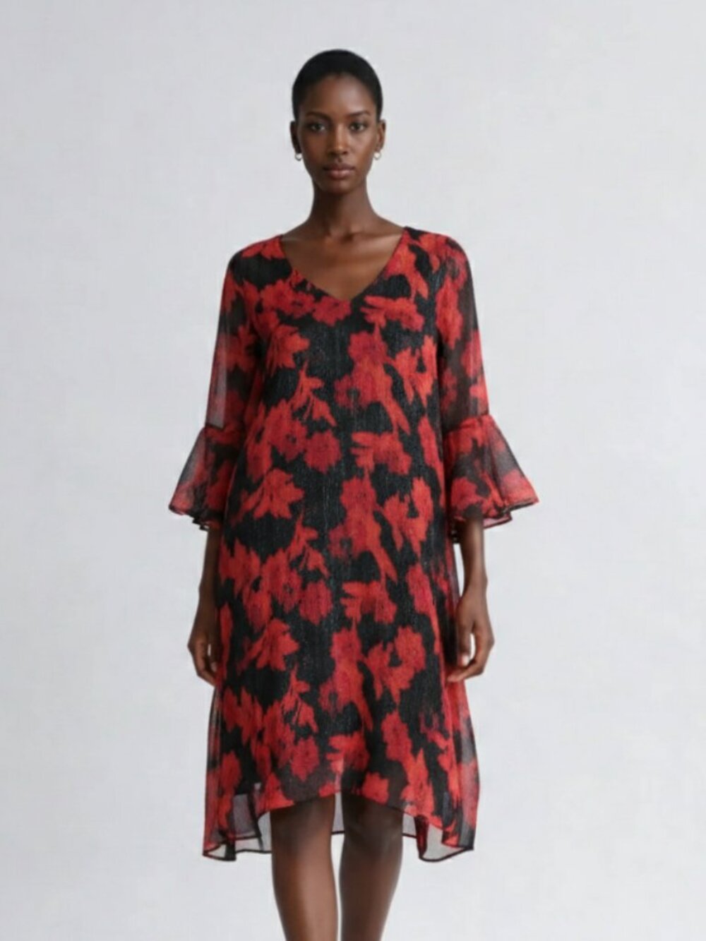 Calvin Klein Knee Length Chiffon dress with 3/4 bell sleeves